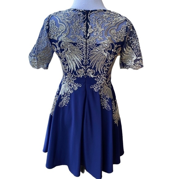 YZXH Yu Zhong Xie Hou Navy Blue and Taupe Lace Embroidered A-Line Dress Size L - Picture 4 of 15